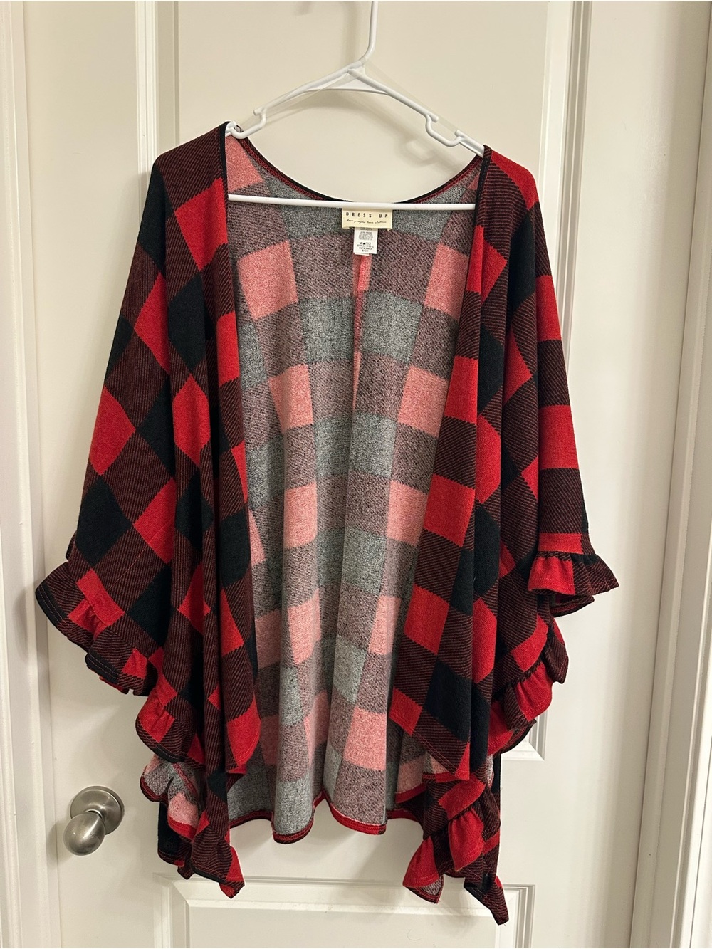 Red & Black Plaid Ruffle Open Cardigan Sweater